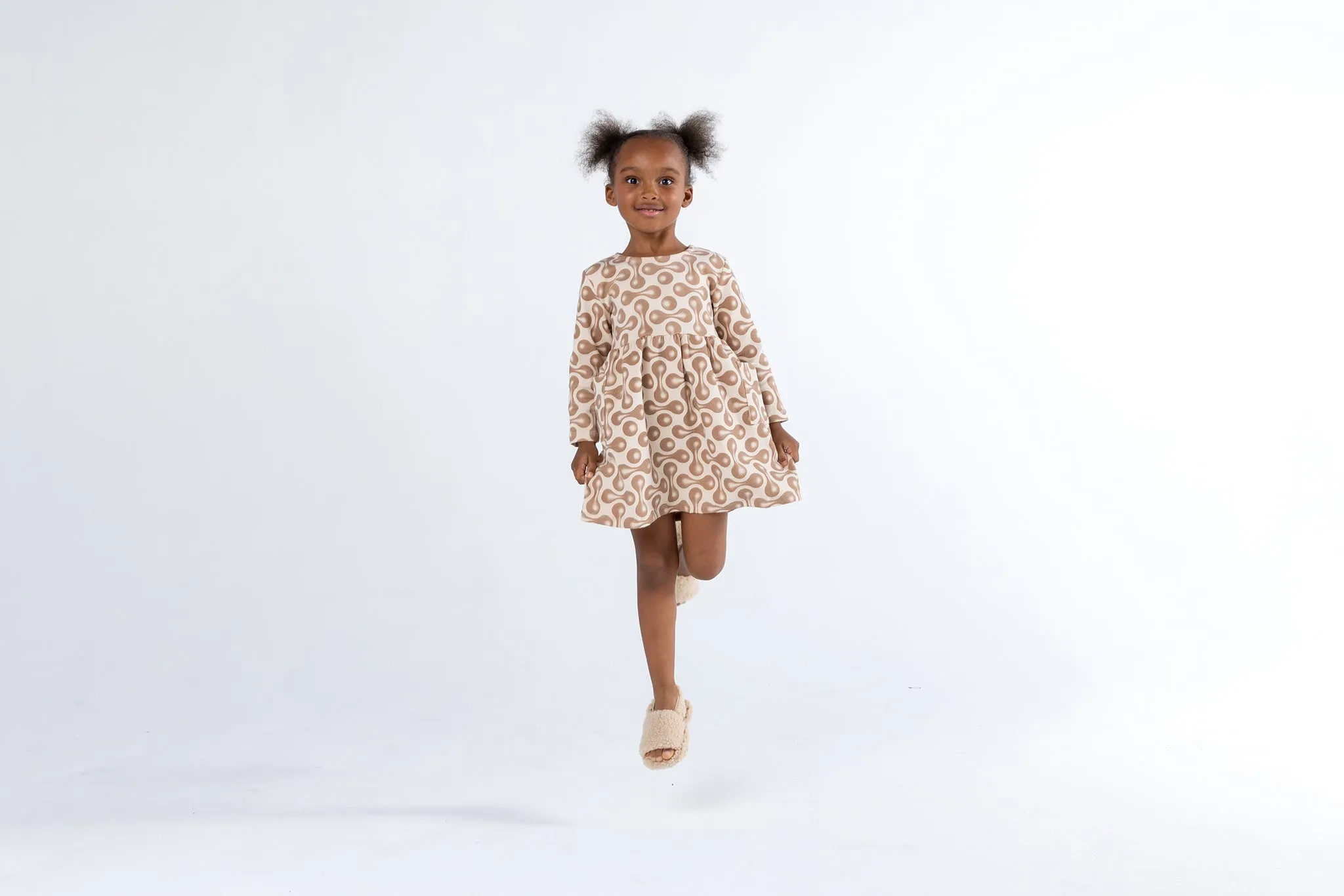 Girls Fit & Flare Jersey Long Sleeve Dress - Beige
