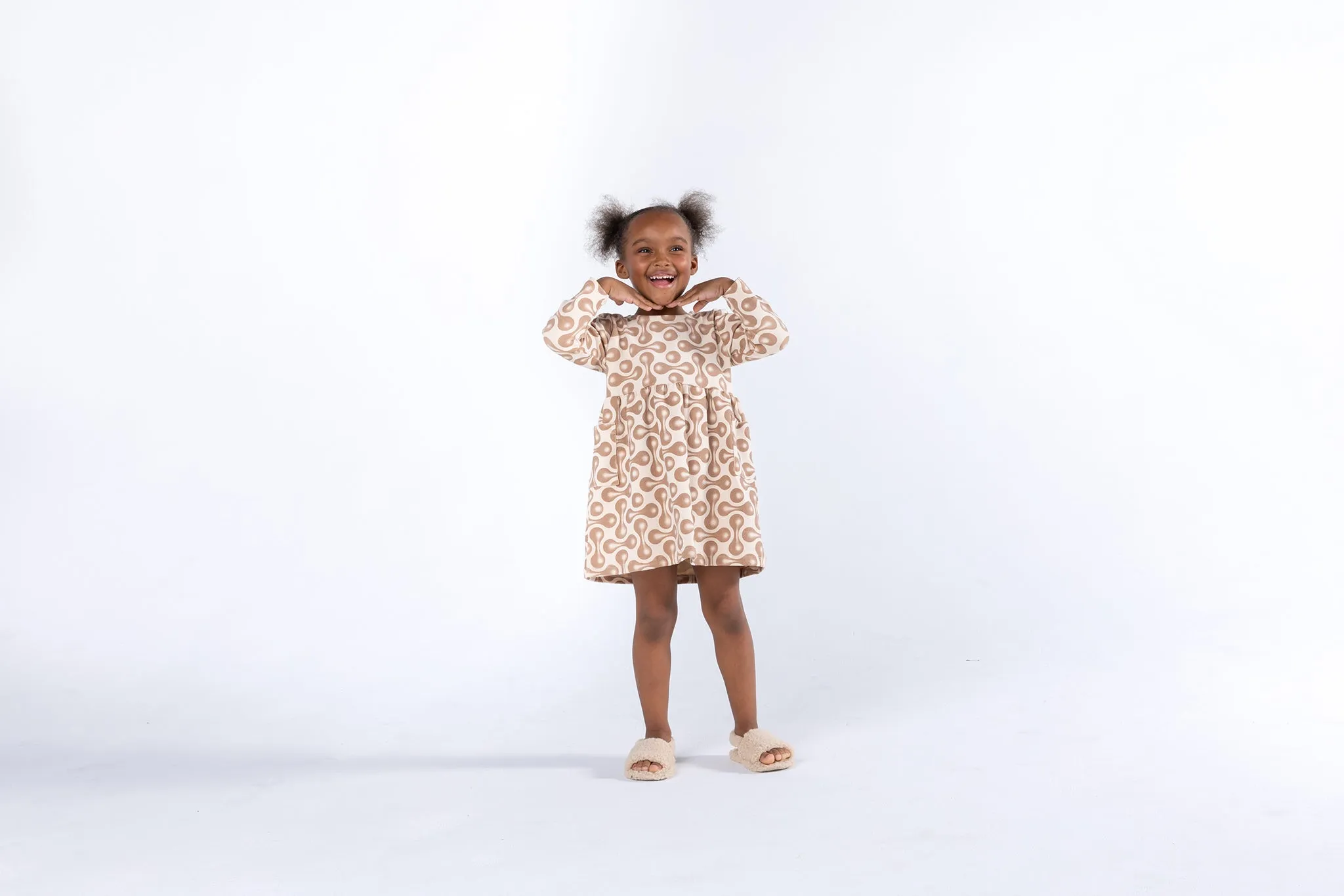 Girls Fit & Flare Jersey Long Sleeve Dress - Beige