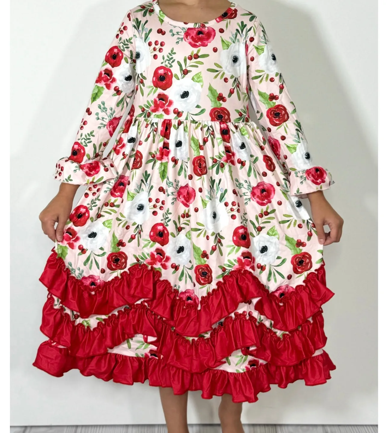 Girl's Holiday Poppy Ruffled Girl's Long Modest Dress