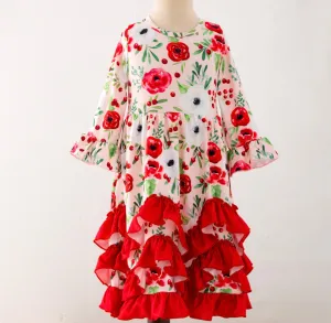 Girl's Holiday Poppy Ruffled Girl's Long Modest Dress