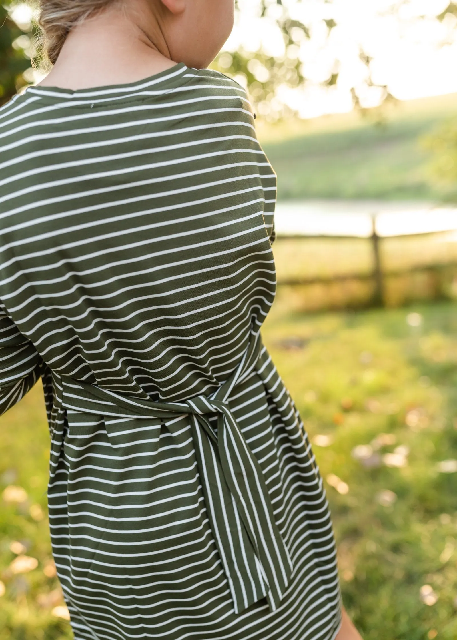 Girls Olive Striped Knit Mini Dress with Belt