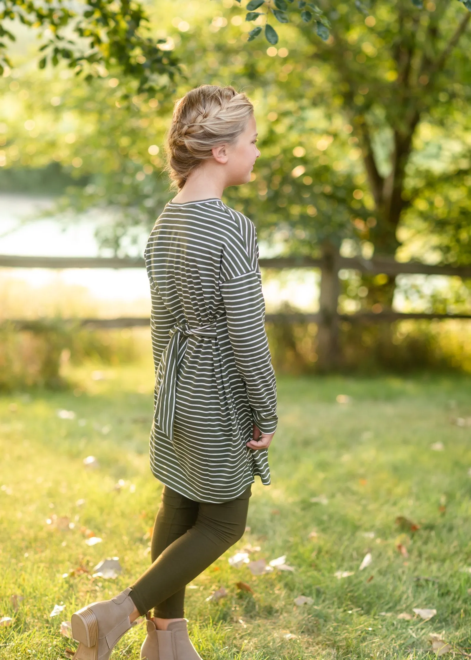 Girls Olive Striped Knit Mini Dress with Belt