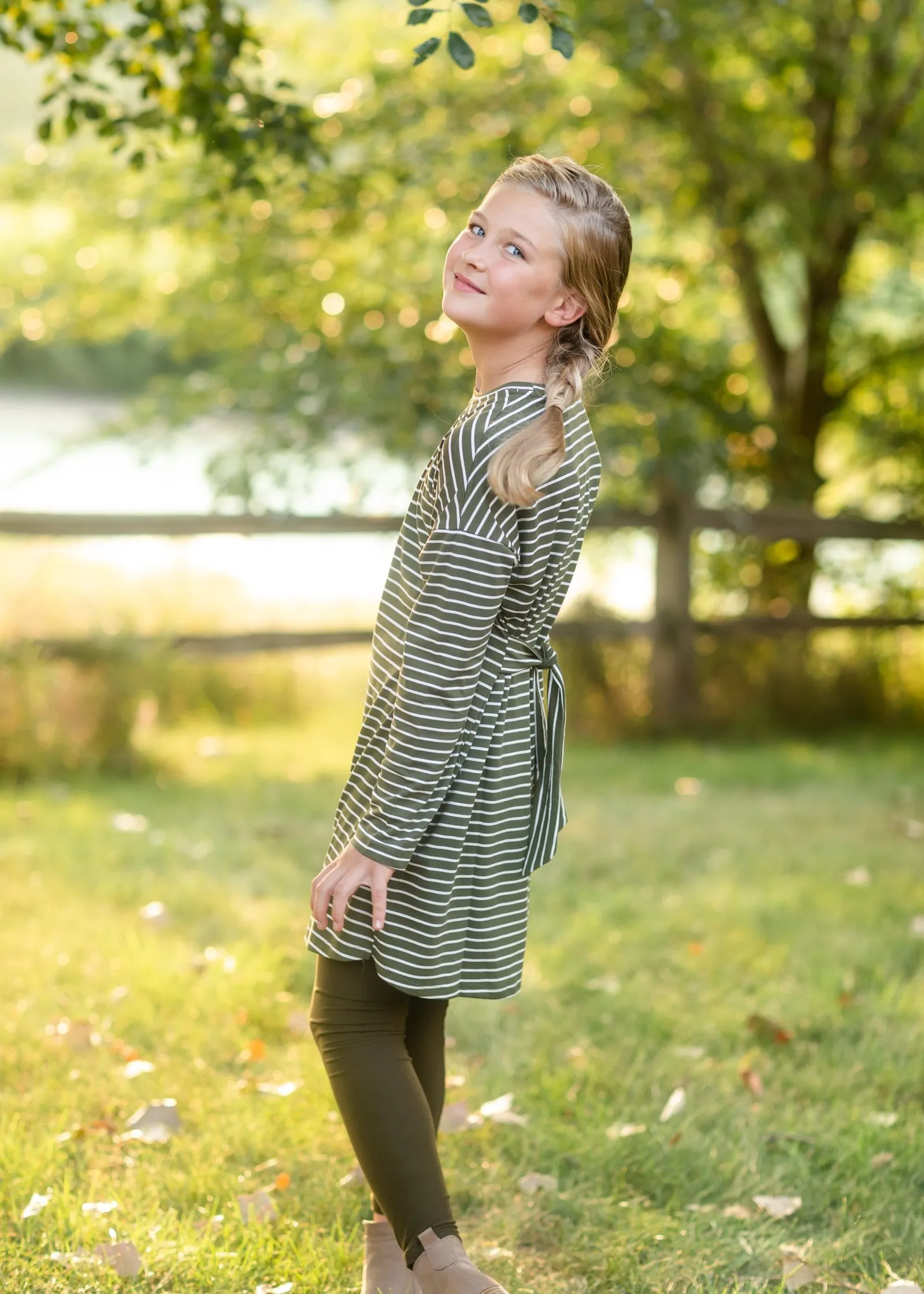Girls Olive Striped Knit Mini Dress with Belt