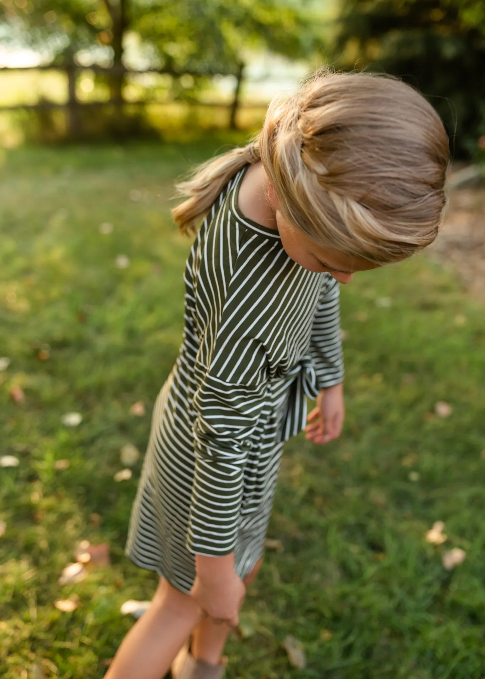 Girls Olive Striped Knit Mini Dress with Belt