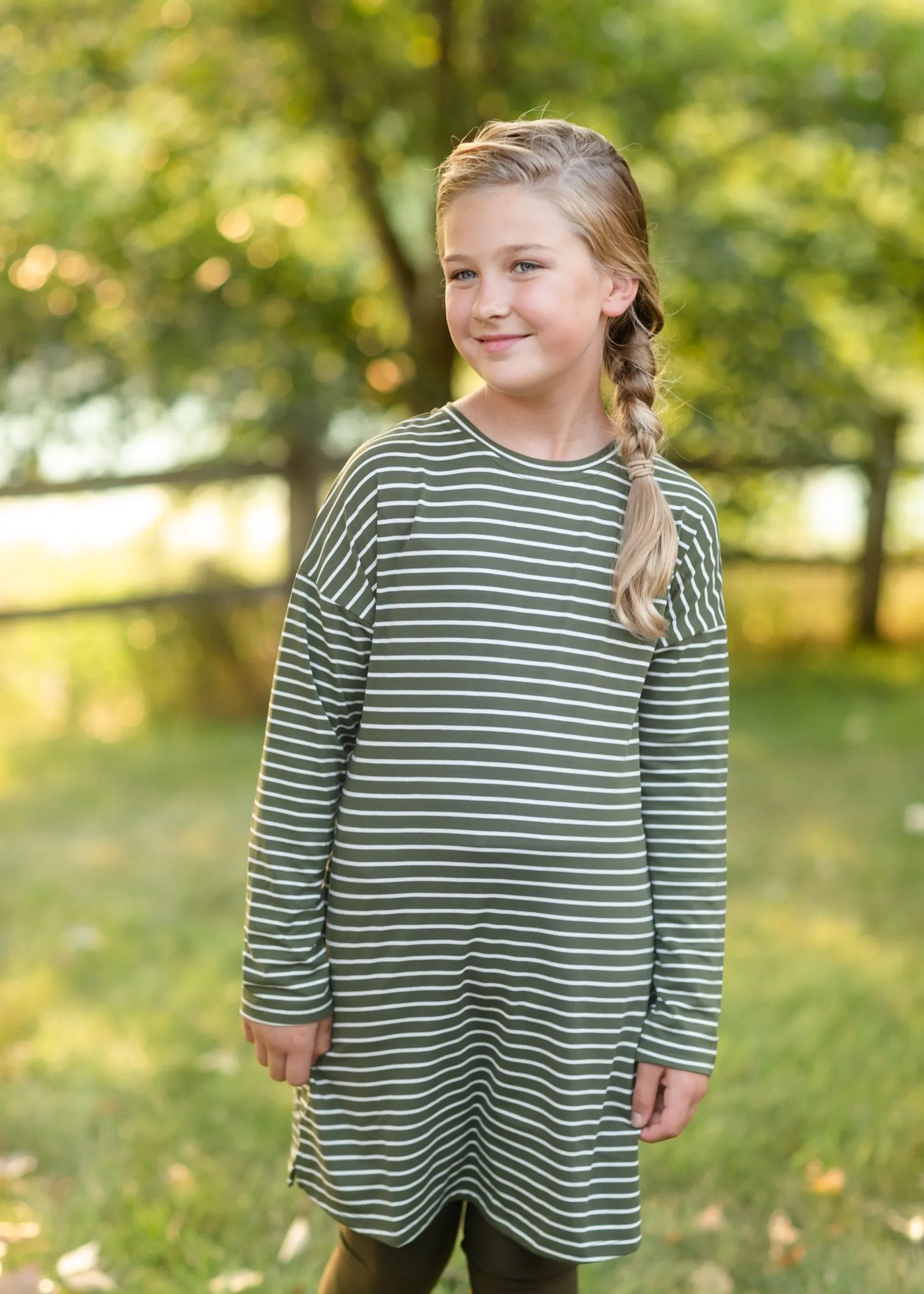 Girls Olive Striped Knit Mini Dress with Belt