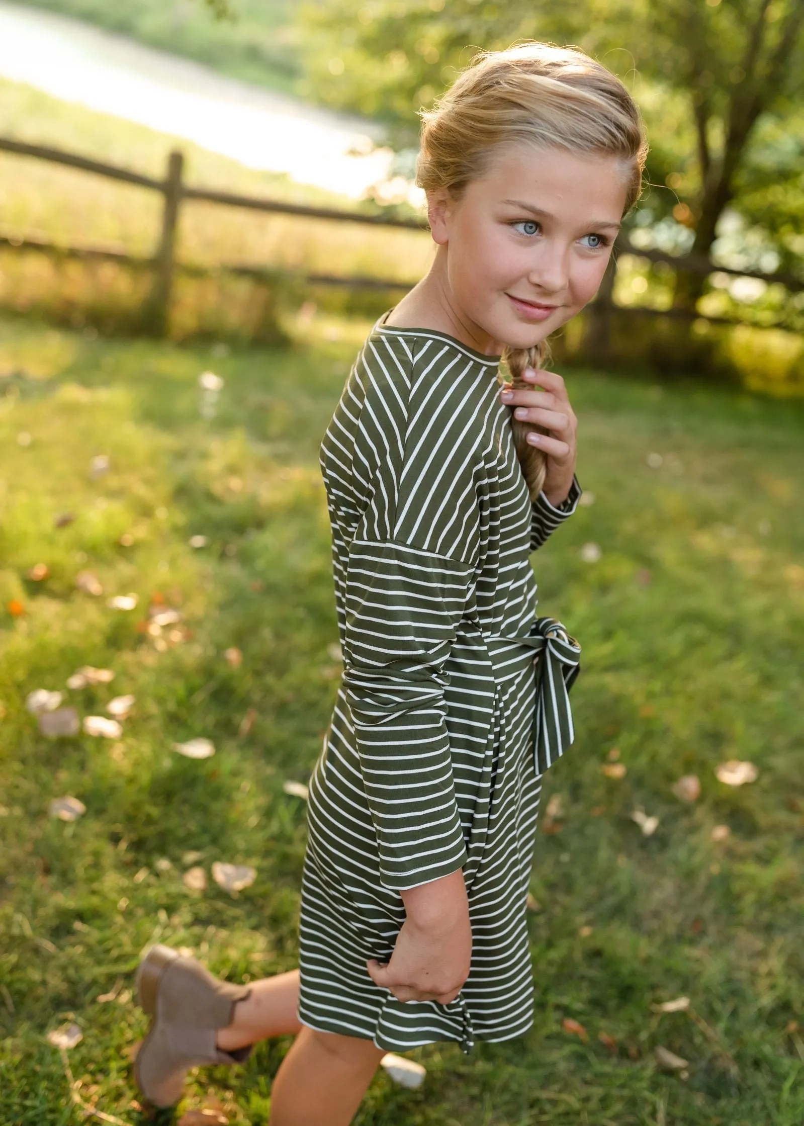 Girls Olive Striped Knit Mini Dress with Belt