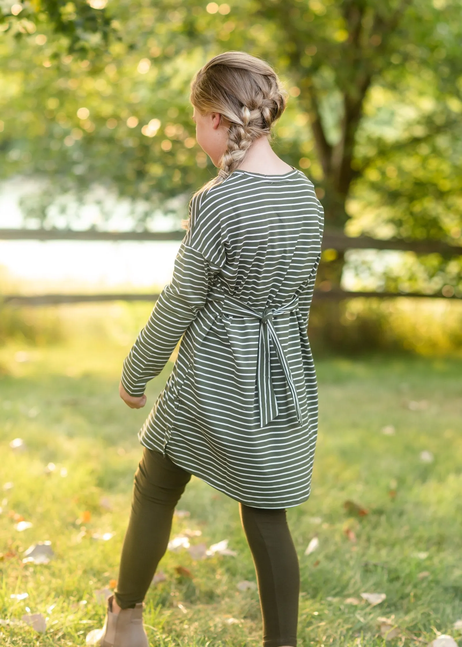 Girls Olive Striped Knit Mini Dress with Belt