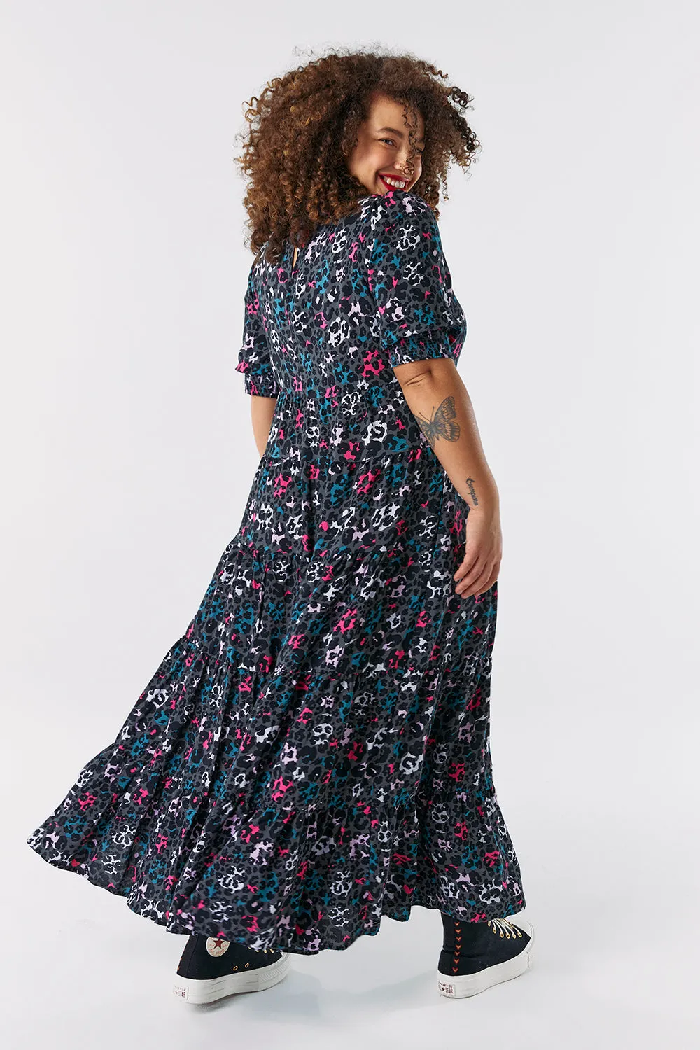 Grey with Pink and Teal Mixed Leopard Maxi Dress