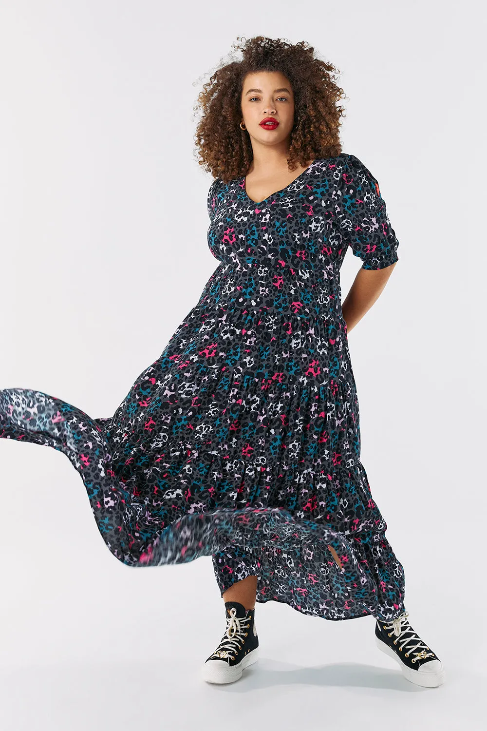 Grey with Pink and Teal Mixed Leopard Maxi Dress