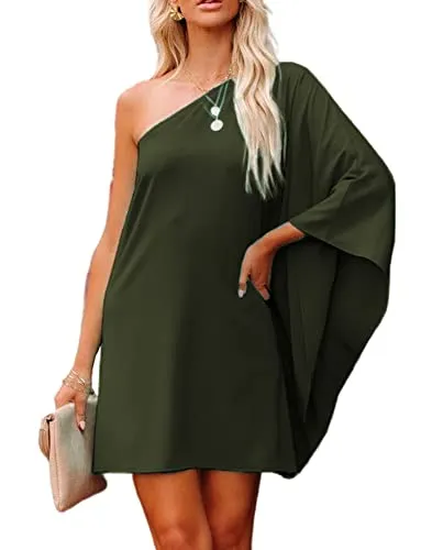Jhsnjnr Women's One ShouldJhsnjnrer Dress Batwing Sleeve Mini Dress Elegant Sexy Party Club Dresses Army Green