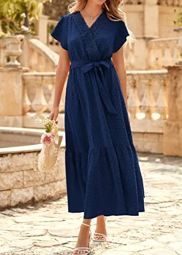 KIRUNDO 2023 Women's Casual Summer Dress Flutter Sleeve Lace Trim Wrap V Neck Belt High Waist Swiss Dot Flowy Midi Dresses(Navy, XX-Large)