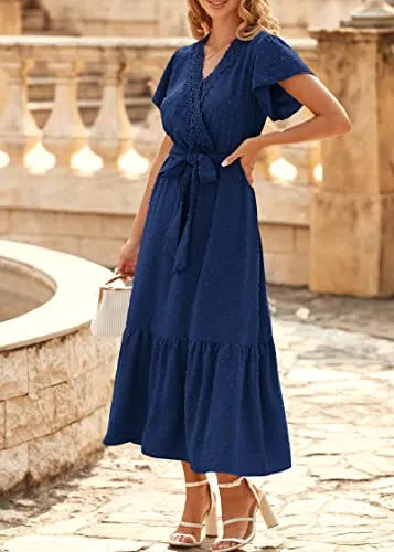 KIRUNDO 2023 Women's Casual Summer Dress Flutter Sleeve Lace Trim Wrap V Neck Belt High Waist Swiss Dot Flowy Midi Dresses(Navy, XX-Large)