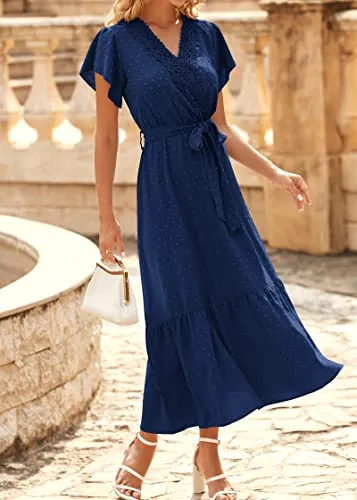 KIRUNDO 2023 Women's Casual Summer Dress Flutter Sleeve Lace Trim Wrap V Neck Belt High Waist Swiss Dot Flowy Midi Dresses(Navy, XX-Large)