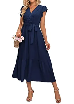 KIRUNDO 2023 Women's Casual Summer Dress Flutter Sleeve Lace Trim Wrap V Neck Belt High Waist Swiss Dot Flowy Midi Dresses(Navy, XX-Large)