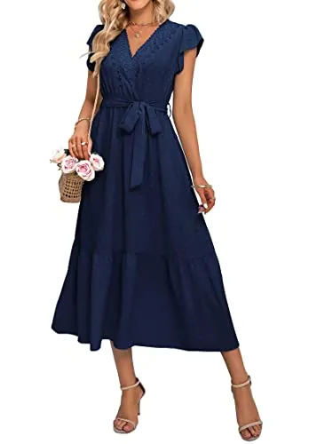 KIRUNDO 2023 Women's Casual Summer Dress Flutter Sleeve Lace Trim Wrap V Neck Belt High Waist Swiss Dot Flowy Midi Dresses(Navy, XX-Large)