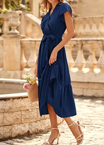 KIRUNDO 2023 Women's Casual Summer Dress Flutter Sleeve Lace Trim Wrap V Neck Belt High Waist Swiss Dot Flowy Midi Dresses(Navy, XX-Large)