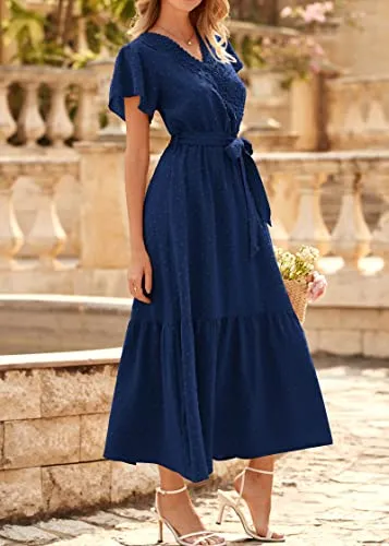 KIRUNDO 2023 Women's Casual Summer Dress Flutter Sleeve Lace Trim Wrap V Neck Belt High Waist Swiss Dot Flowy Midi Dresses(Navy, XX-Large)