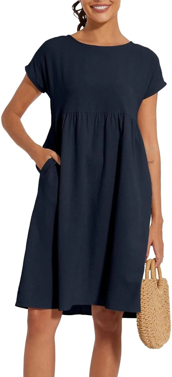 Linen Dresses for Women 2024 Womens Linen Dress Linen Midi Dresses Plus Size Short Sleeves Dress Sundress with Pockets