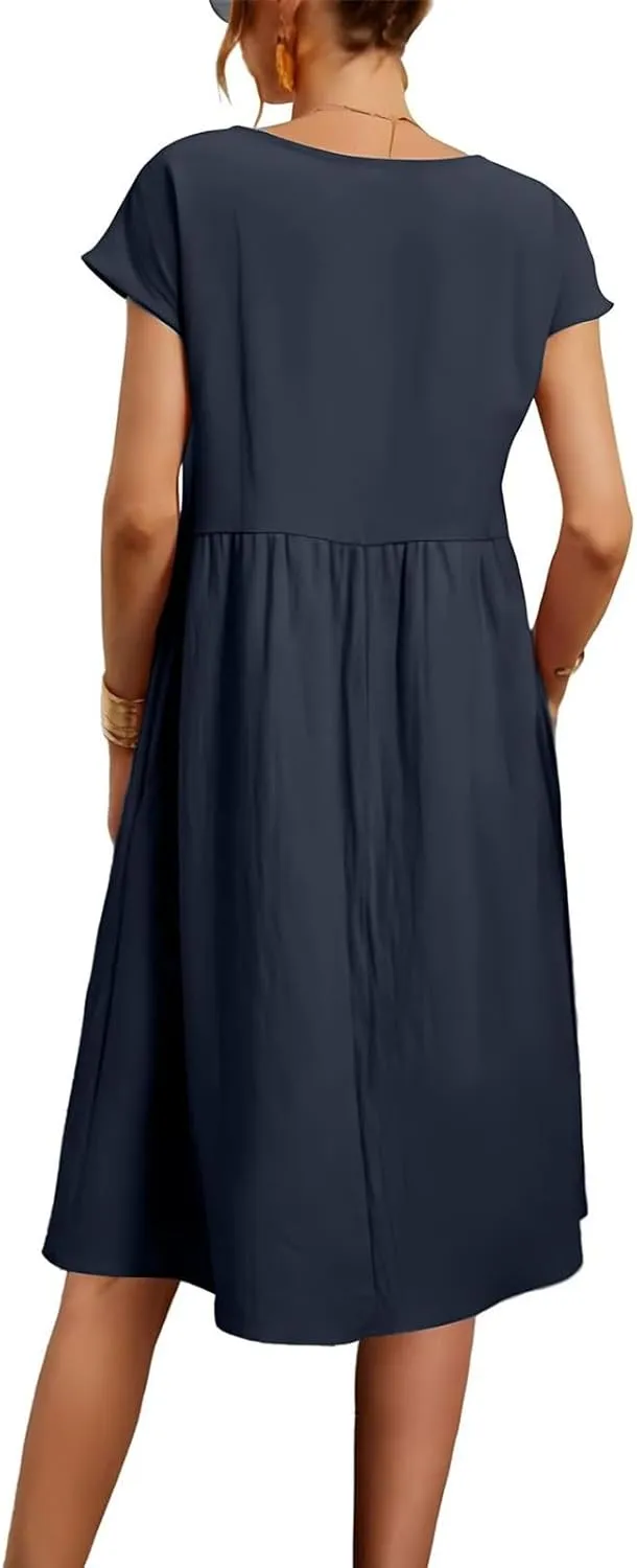 Linen Dresses for Women 2024 Womens Linen Dress Linen Midi Dresses Plus Size Short Sleeves Dress Sundress with Pockets