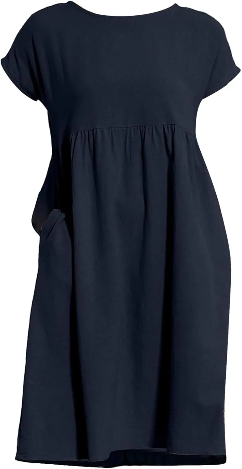 Linen Dresses for Women 2024 Womens Linen Dress Linen Midi Dresses Plus Size Short Sleeves Dress Sundress with Pockets