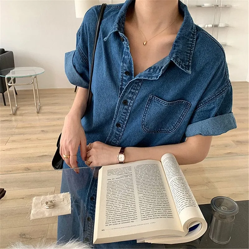Loose Blue Denim Shirt Dress