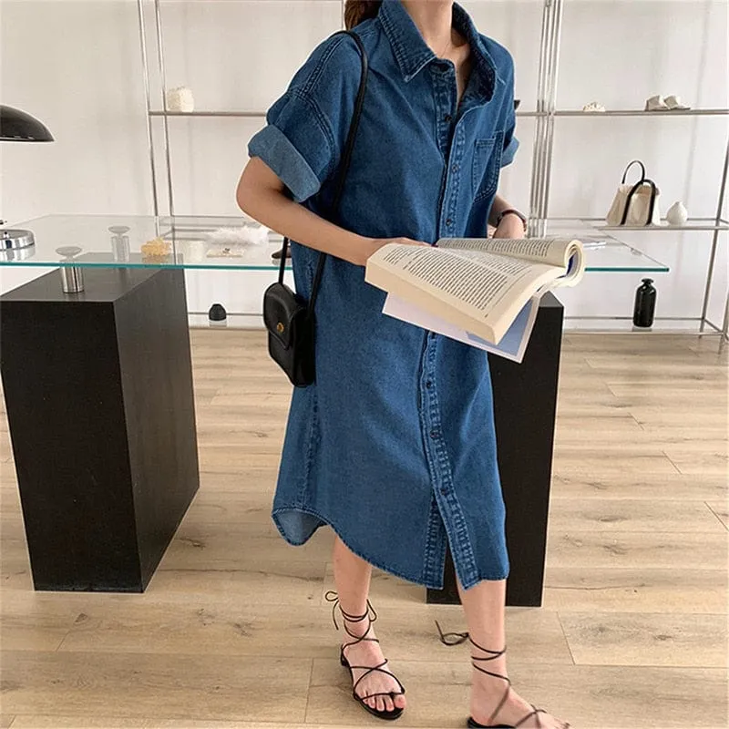 Loose Blue Denim Shirt Dress