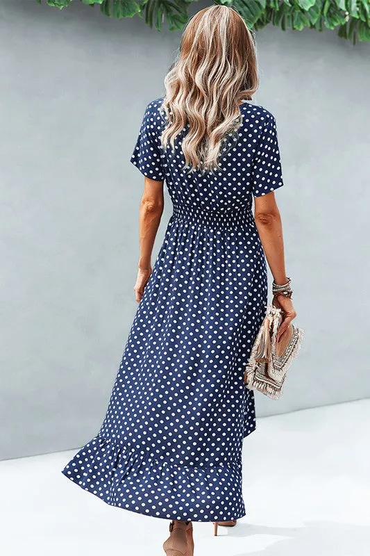 Navy V Neck Polka Dot Short Sleeve Dress - ALL SALES FINAL