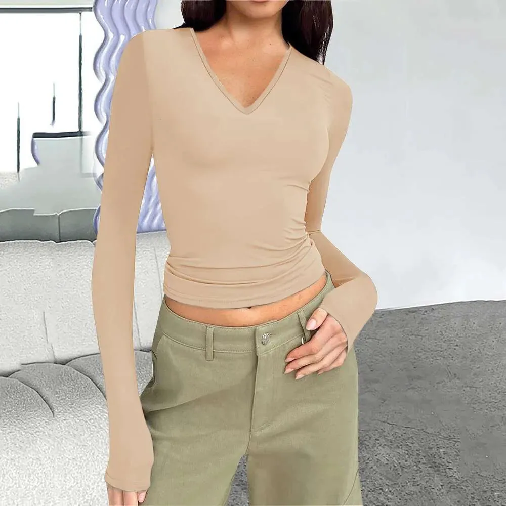New Women's V-neck Long Sleeve Basic Fit Versatile T-shirt Top for Women