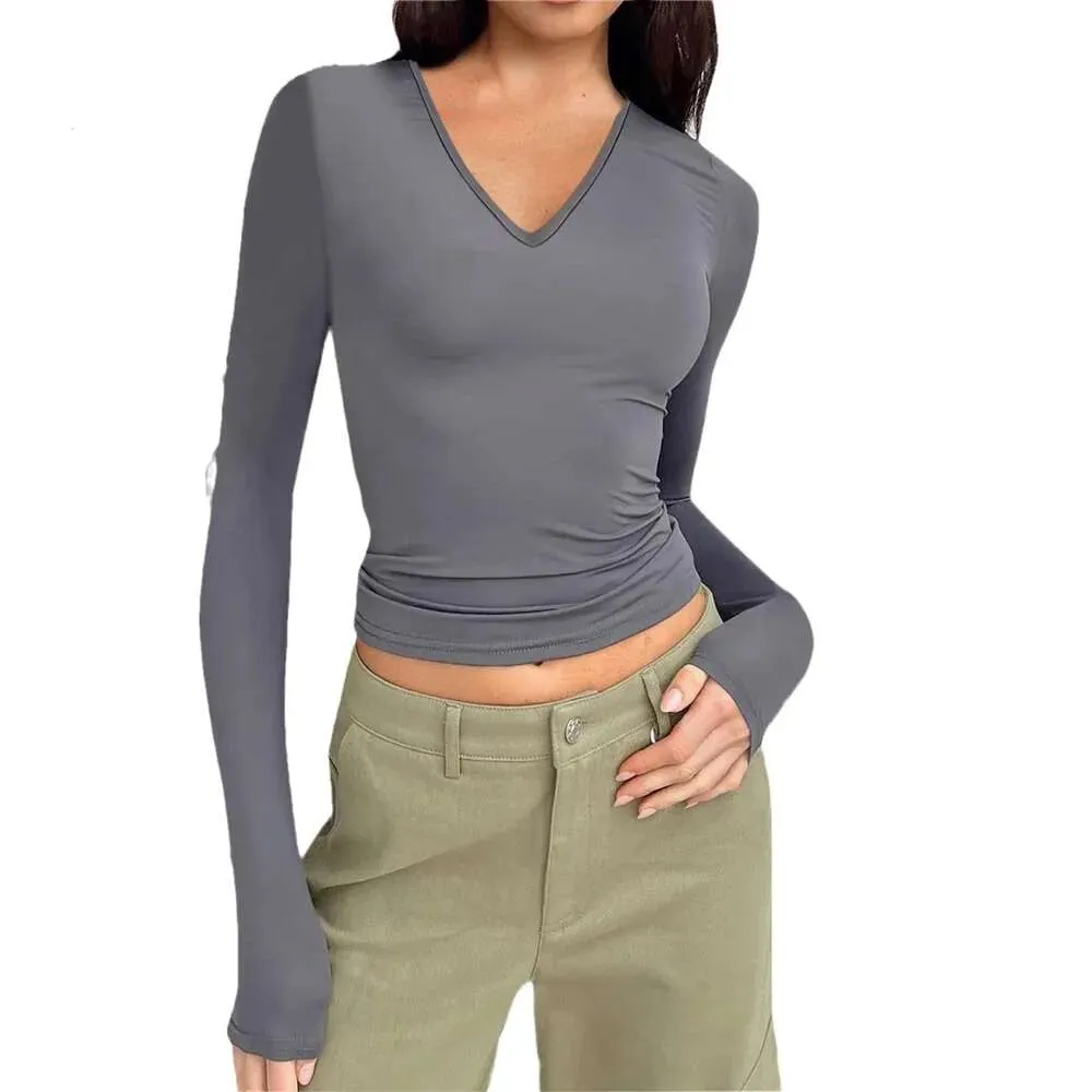New Women's V-neck Long Sleeve Basic Fit Versatile T-shirt Top for Women