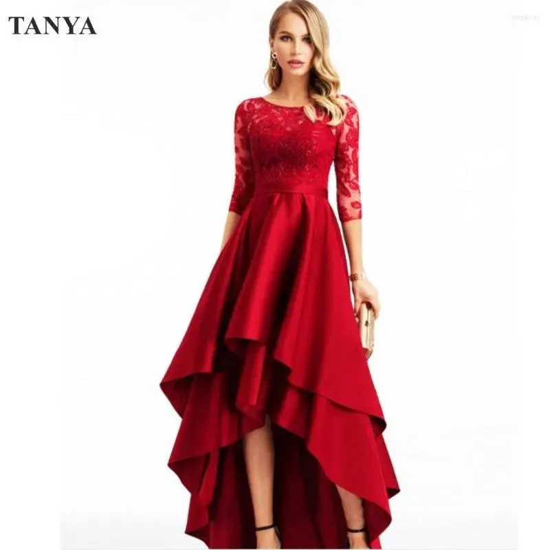 Party Dresses Short Front Long Back Prom Half Sleeves Two Tiered High Low Lace Formal Women Evening Gown Fashion Dress YSAN1624