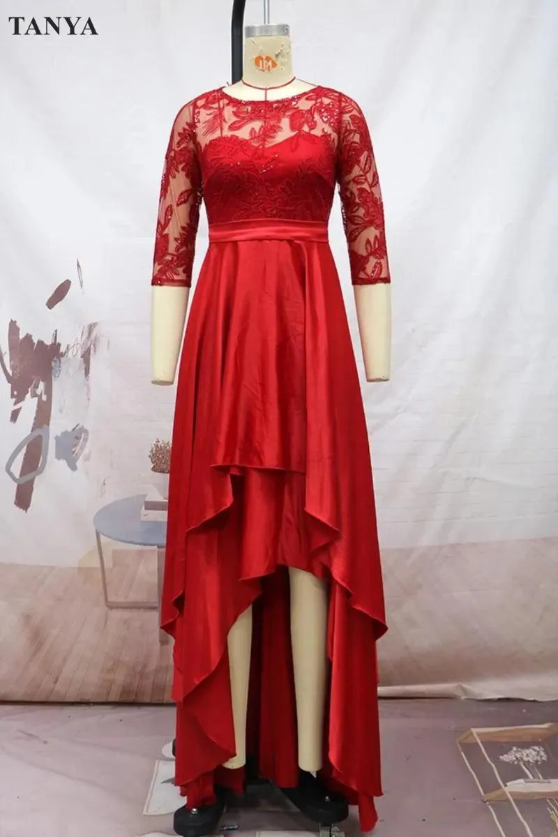 Party Dresses Short Front Long Back Prom Half Sleeves Two Tiered High Low Lace Formal Women Evening Gown Fashion Dress YSAN1624