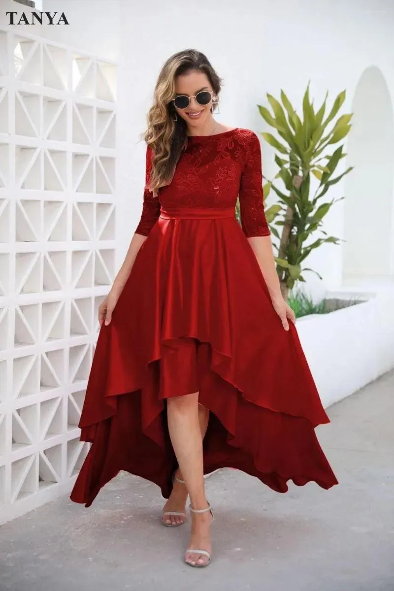 Party Dresses Short Front Long Back Prom Half Sleeves Two Tiered High Low Lace Formal Women Evening Gown Fashion Dress YSAN1624