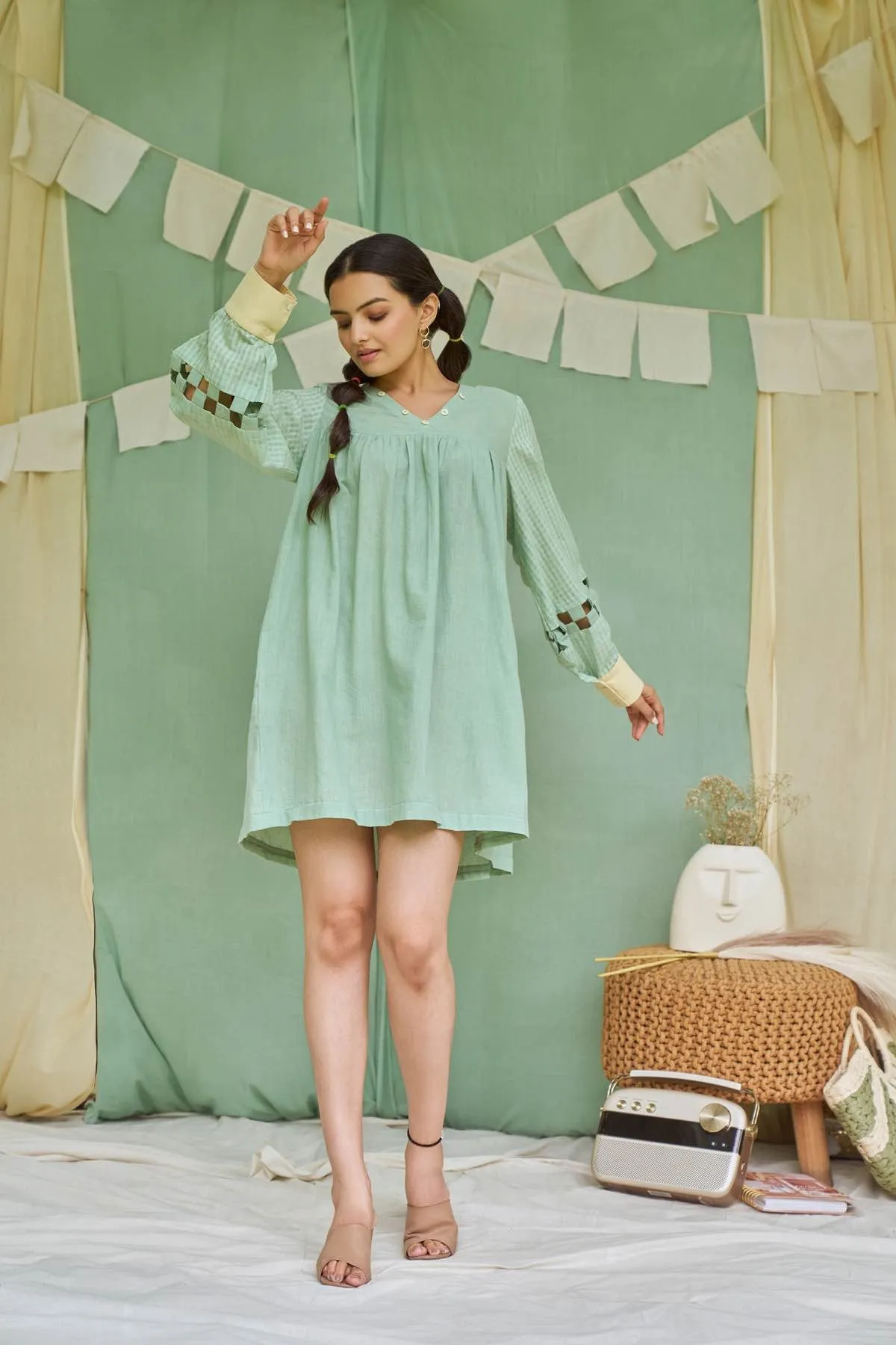 Pesto Mint Detachable Handloom Cotton Dress