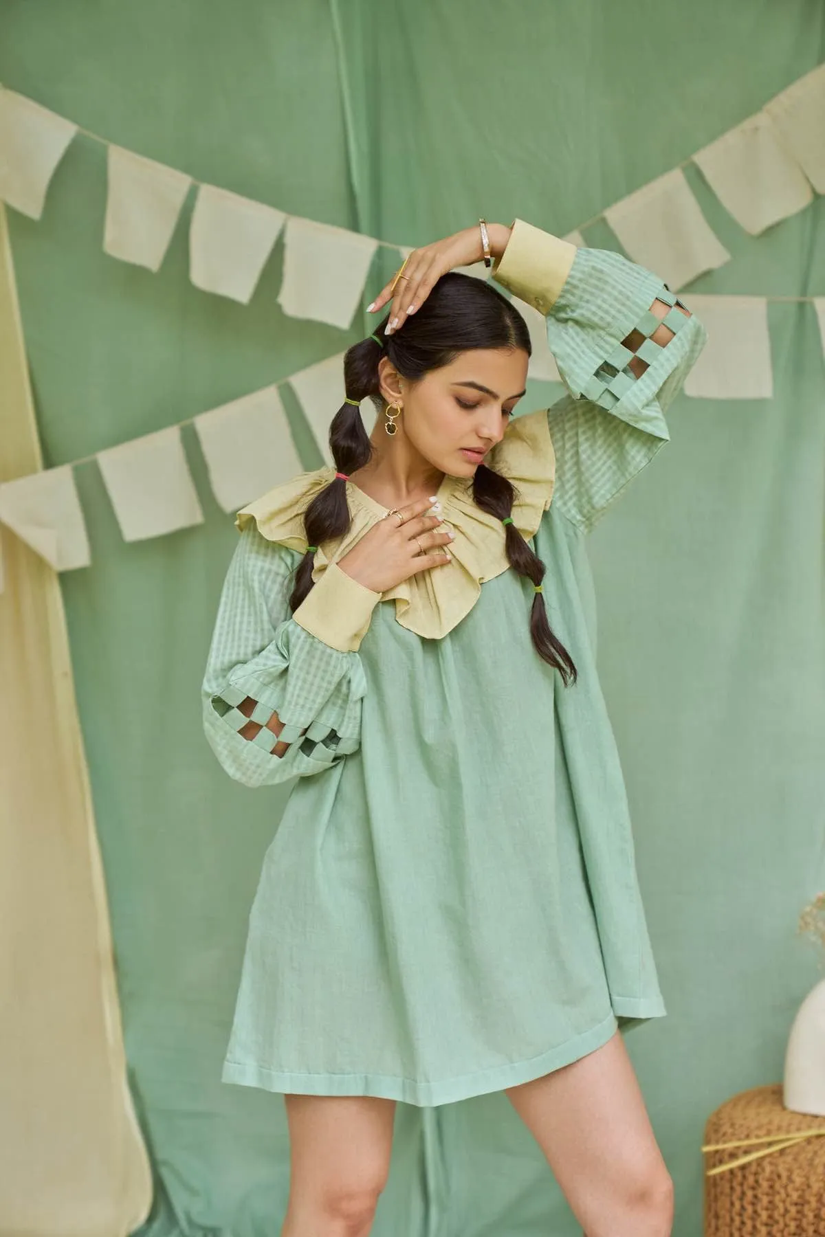 Pesto Mint Detachable Handloom Cotton Dress
