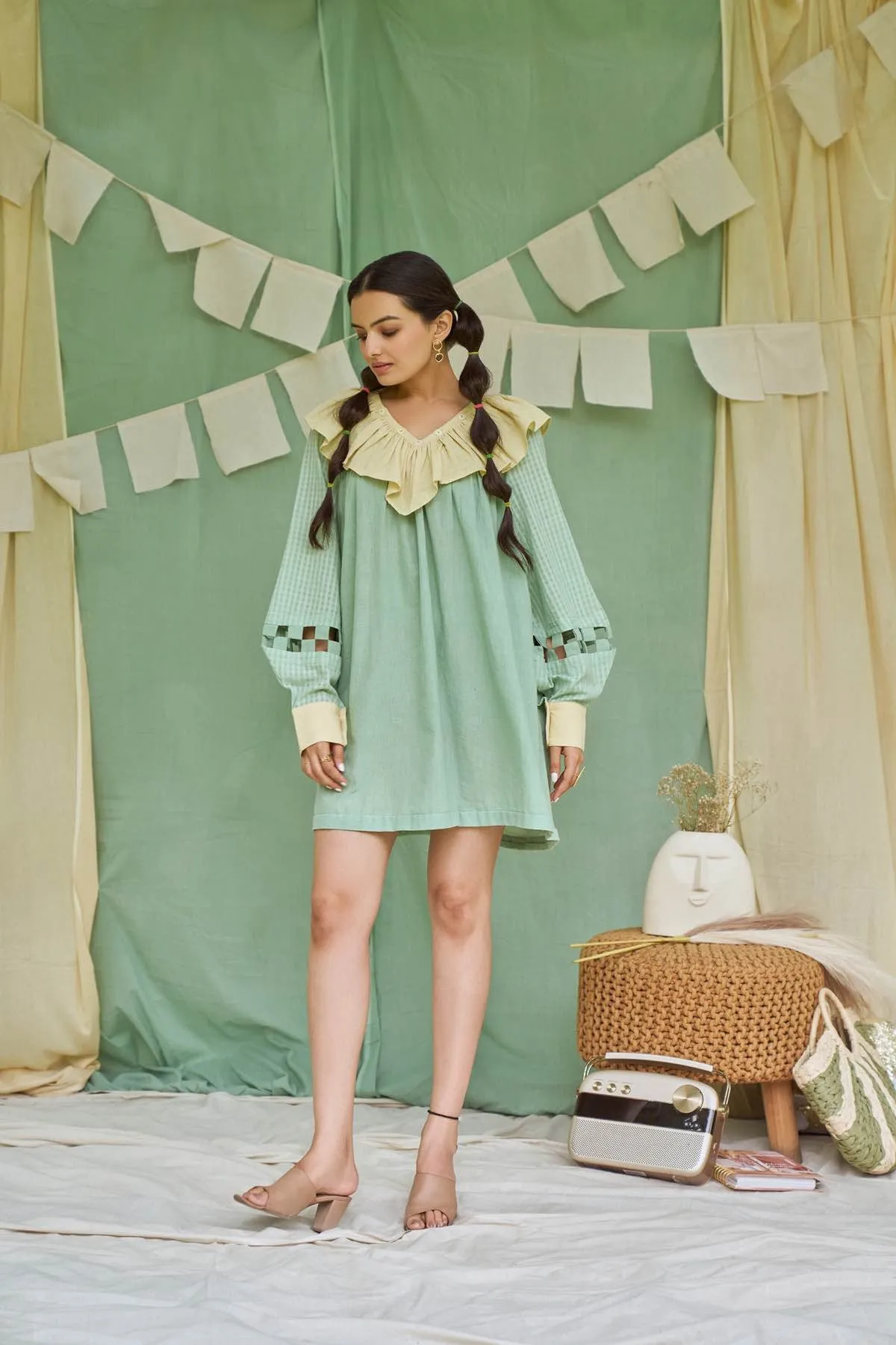 Pesto Mint Detachable Handloom Cotton Dress