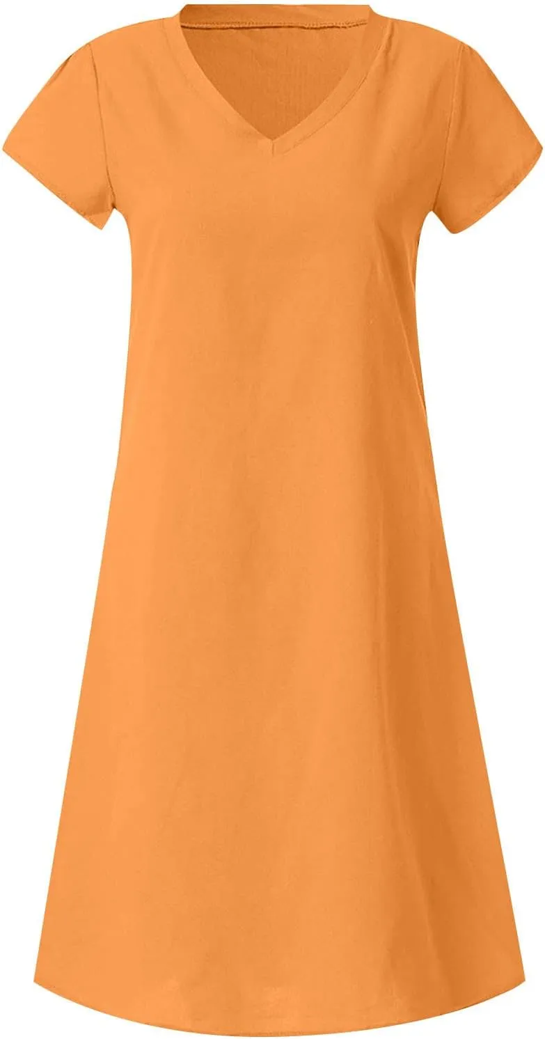 Plus Size Summer Dress Women Short Sleeve V Neck Dresses Casual Loose Sundress Beach Vacation Dress Trendy Midi Dress
