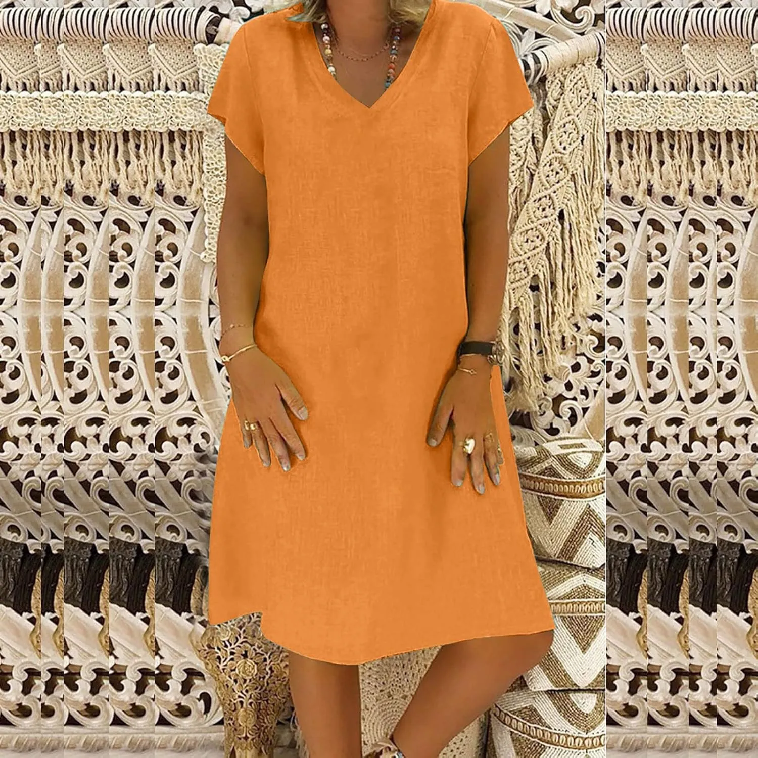 Plus Size Summer Dress Women Short Sleeve V Neck Dresses Casual Loose Sundress Beach Vacation Dress Trendy Midi Dress