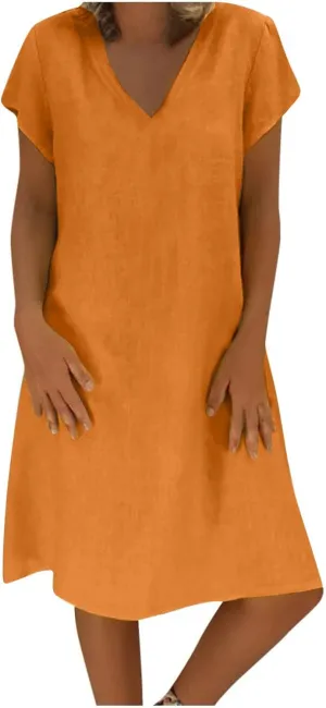 Plus Size Summer Dress Women Short Sleeve V Neck Dresses Casual Loose Sundress Beach Vacation Dress Trendy Midi Dress