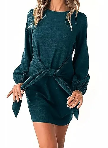 PRETTYGARDEN Women’s Elegant Long Lantern Sleeve Short Dress Crewneck Tie Waist Knit Cocktail Dress Dark Green