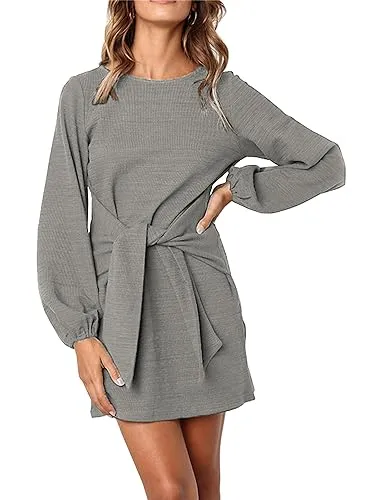 PRETTYGARDEN Women’s Elegant Long Lantern Sleeve Short Dress Crewneck Tie Waist Knit Cocktail Dress Dark Green