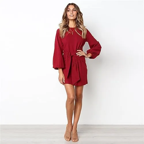 PRETTYGARDEN Women’s Elegant Long Lantern Sleeve Short Dress Crewneck Tie Waist Knit Cocktail Dress Dark Green