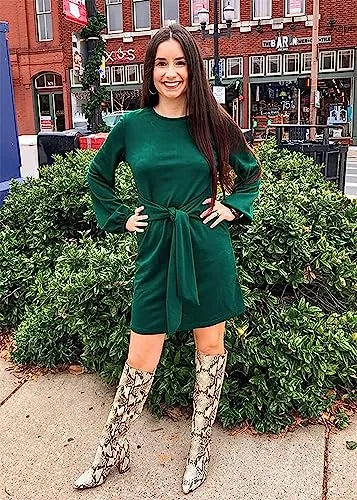 PRETTYGARDEN Women’s Elegant Long Lantern Sleeve Short Dress Crewneck Tie Waist Knit Cocktail Dress Dark Green