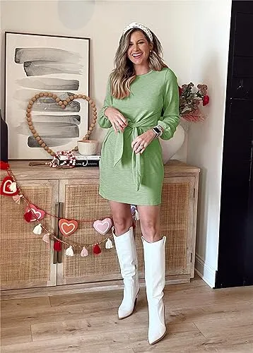 PRETTYGARDEN Women’s Elegant Long Lantern Sleeve Short Dress Crewneck Tie Waist Knit Cocktail Dress Dark Green
