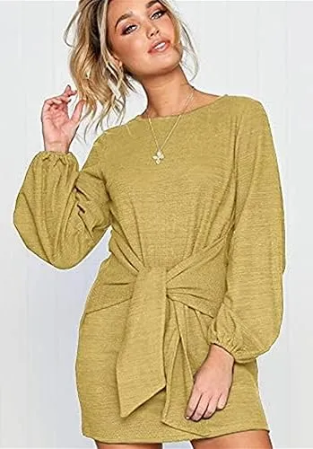 PRETTYGARDEN Women’s Elegant Long Lantern Sleeve Short Dress Crewneck Tie Waist Knit Cocktail Dress Dark Green