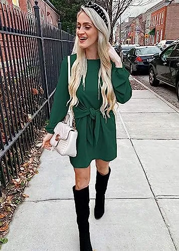 PRETTYGARDEN Women’s Elegant Long Lantern Sleeve Short Dress Crewneck Tie Waist Knit Cocktail Dress Dark Green