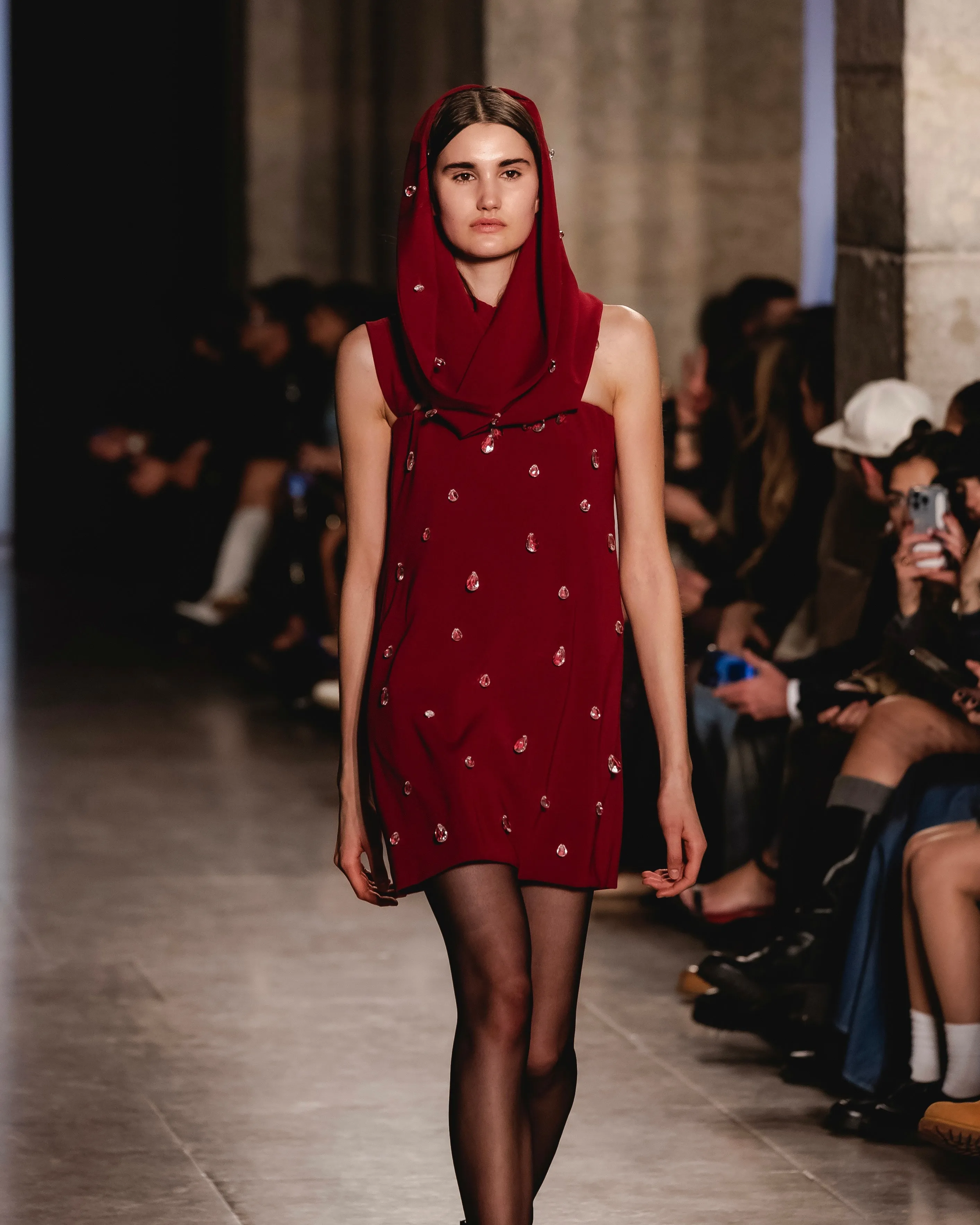 Red Hooded Mini Dress W/ Appliqus