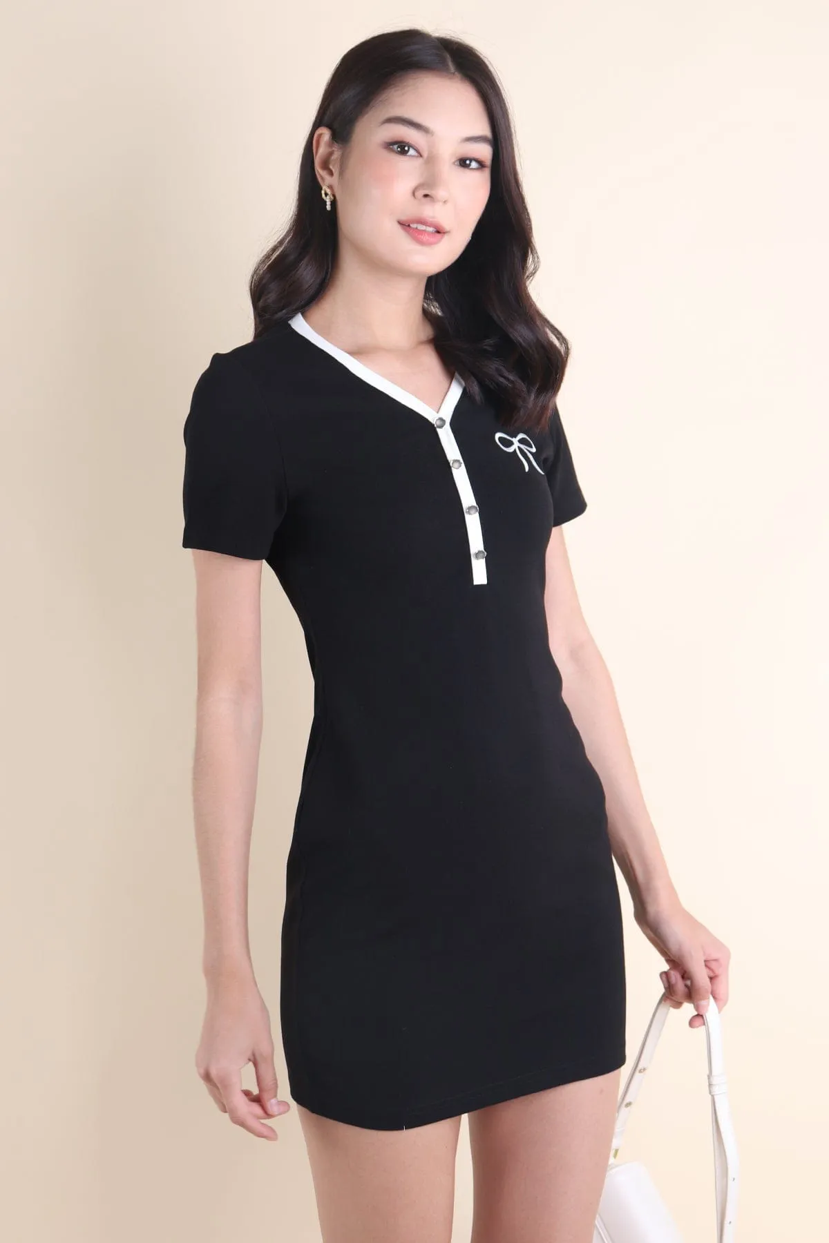 RIBBONETTE RIBBED DRESS IN BLACK