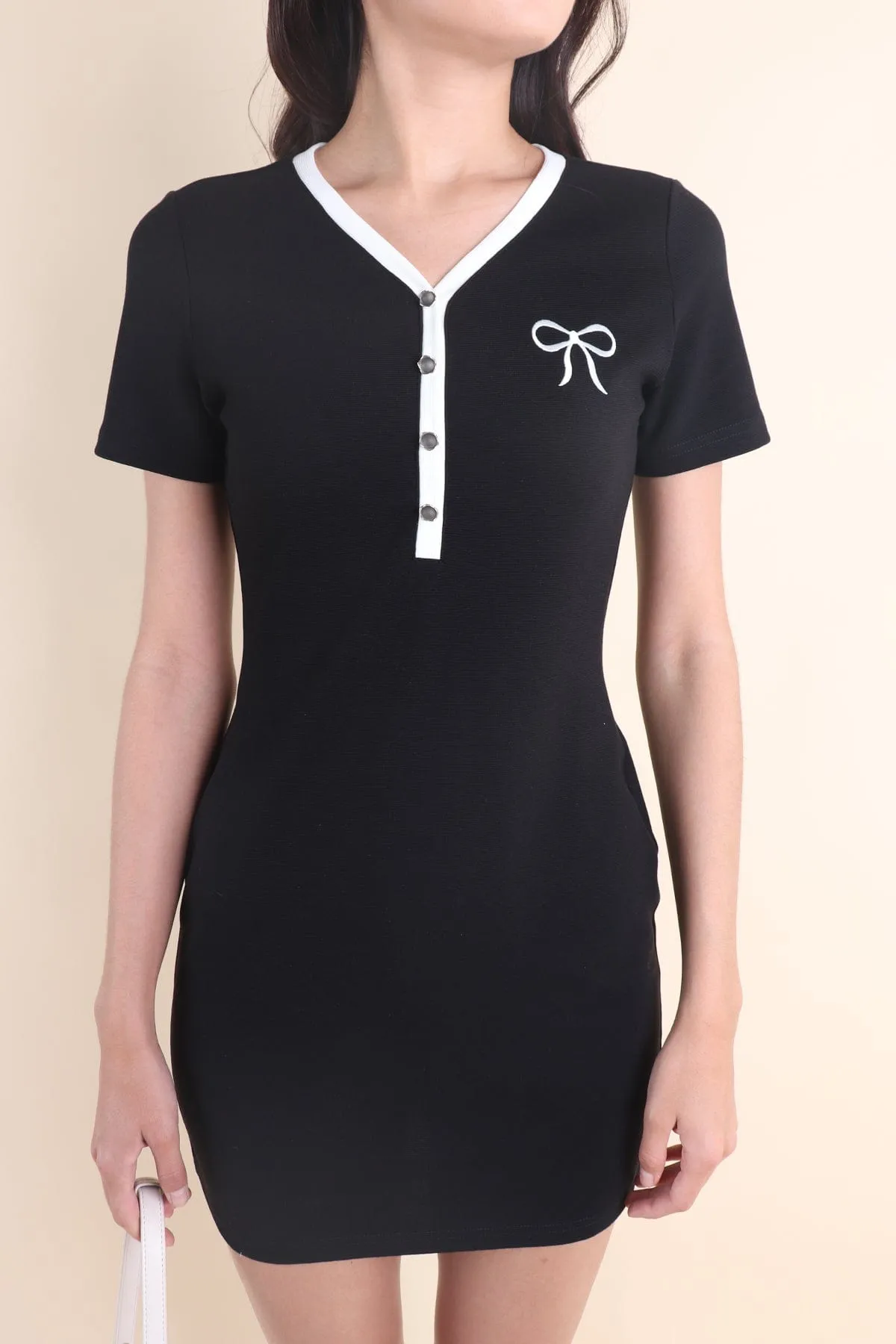 RIBBONETTE RIBBED DRESS IN BLACK
