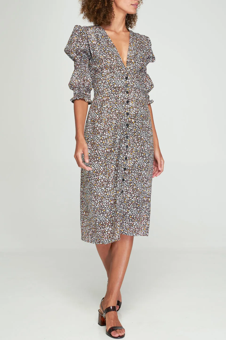 Riley Navy LS Star Floral Button Front Maxi Dress
