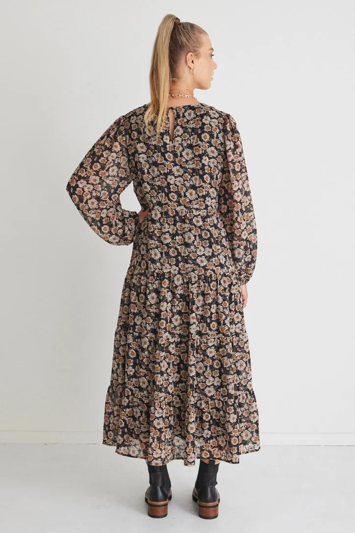 Rory Black Gold Floral Ls V Neck Tiered Maxi Dress